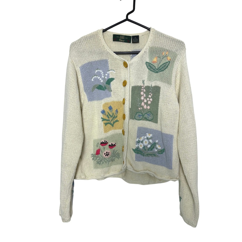 Orvis Cardigan Women M Cream Floral Embroidered Patchwork Cottagecore Grandma